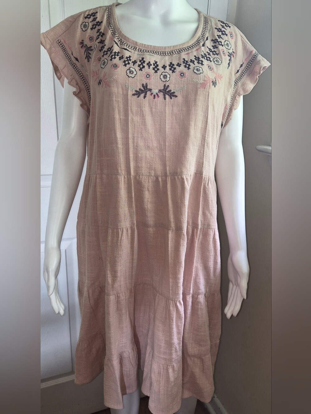 Knox Rose Dusty Pink Embroidered Tiered Boho Babydoll Dress